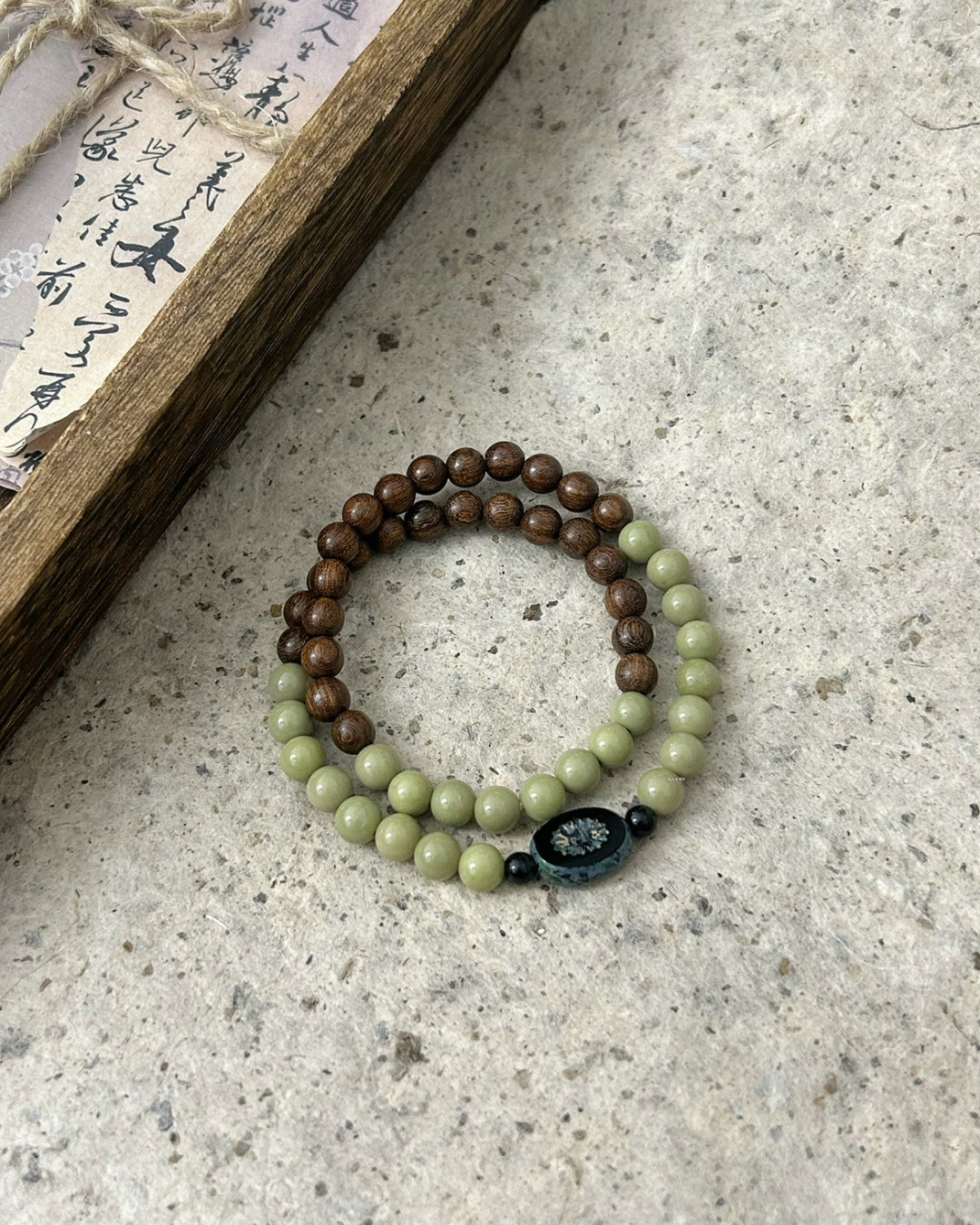 Alashan Stone & Rosewood Bracelet with Black Agate Accent