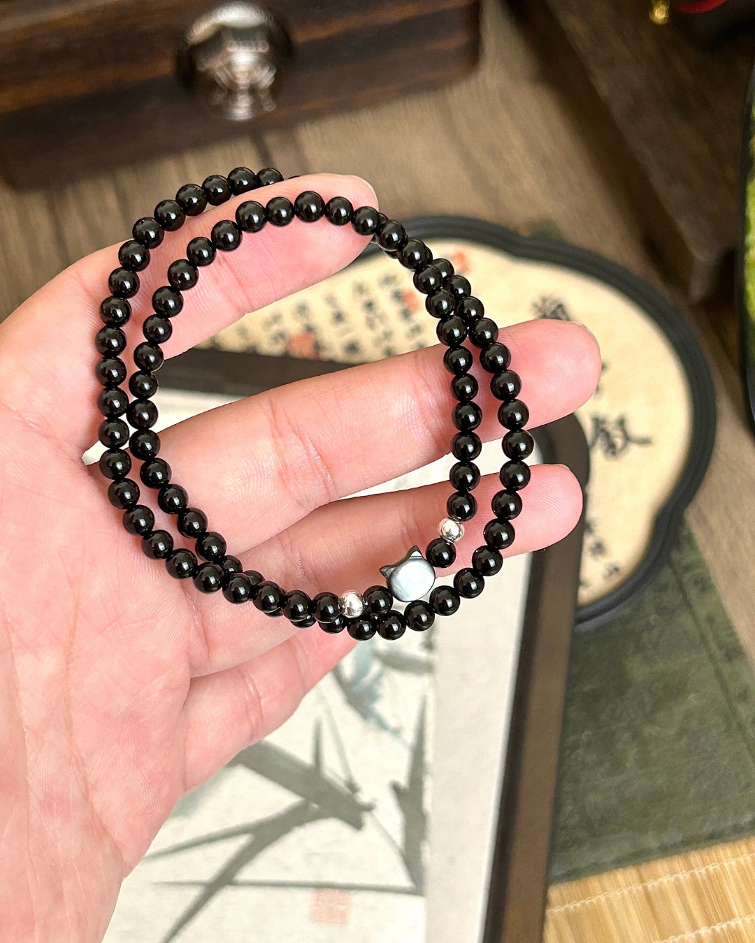 Little Black Cat Obsidian Bracelet with Sterling Silver