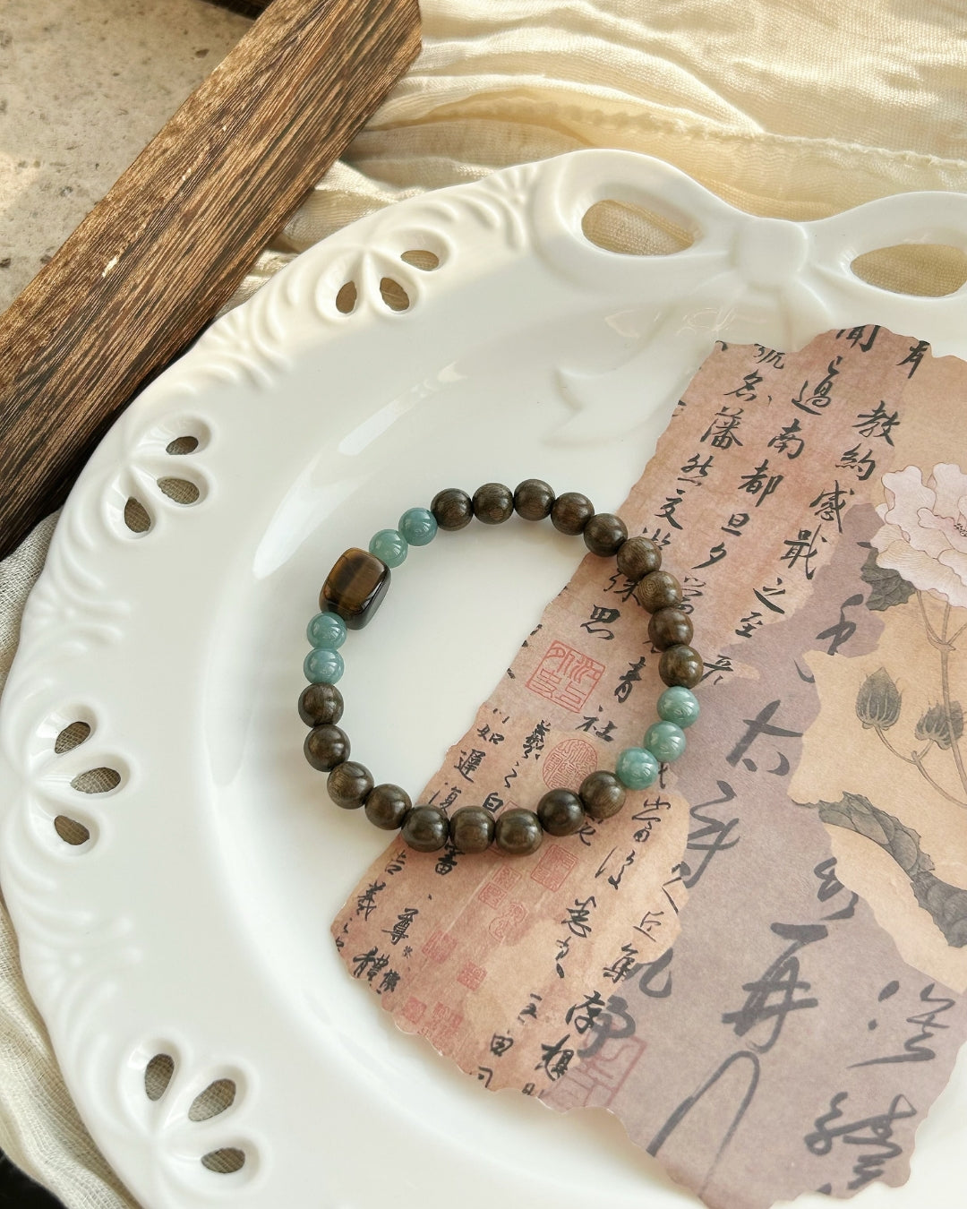 Blue‑Water Jadeite, Tiger Eye & Dark Wood Bracelet