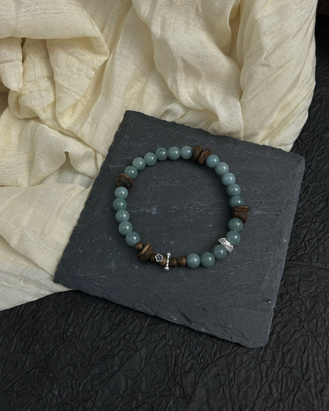 Water Lily — Blue‑Water Jadeite, Agarwood & Silver Bracelet