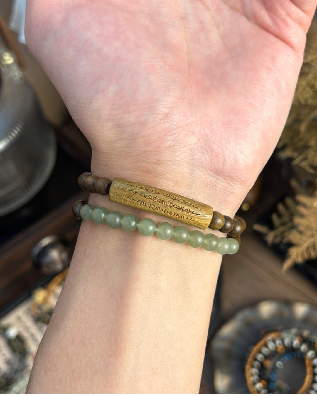Green Sandalwood × Hotan Jade/Crystal Double Bracelet | Unisex Stack