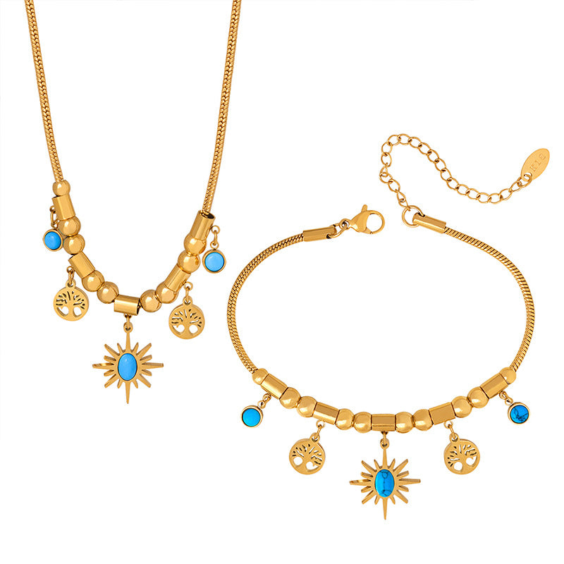 Sunburst Turquoise Charm Set — Gold‑Tone Necklace & Adjustable Bracelet with Tree‑of‑Life Accents