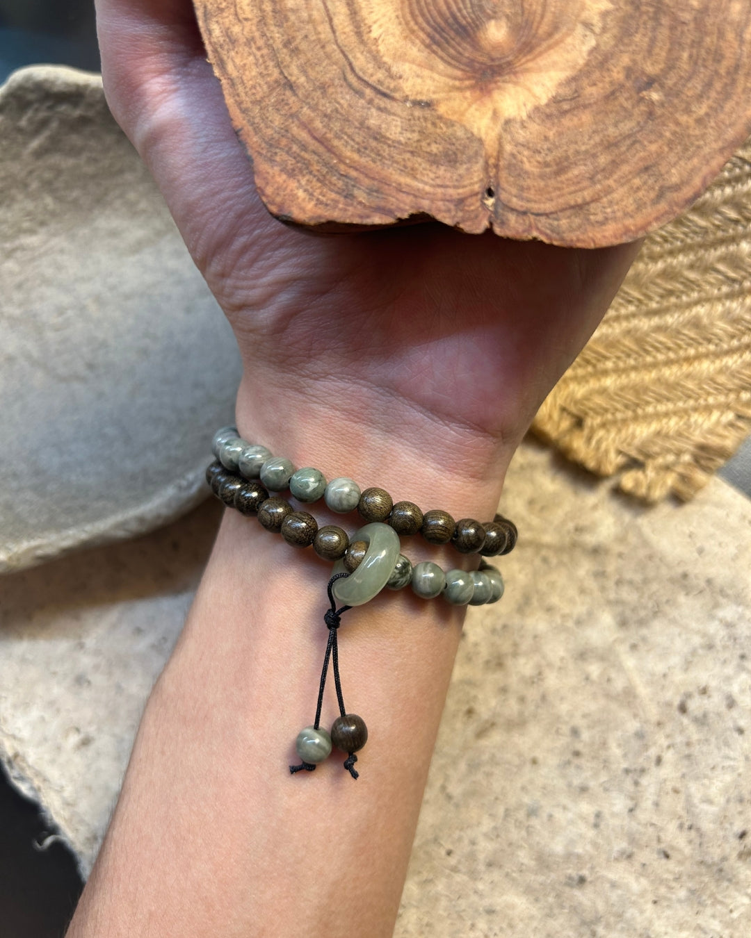 Dawn over the Green Hills Bracelet – Sandalwood, Mapstone & Hetian Jade