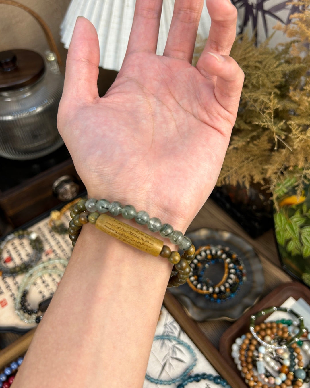 Green Sandalwood × Hotan Jade/Crystal Double Bracelet | Unisex Stack