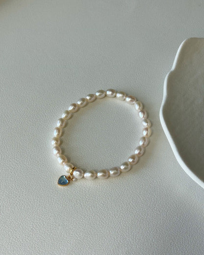 Aura Heart Pearl Bracelet — Freshwater Pearl, Aquamarine & 925 Silver