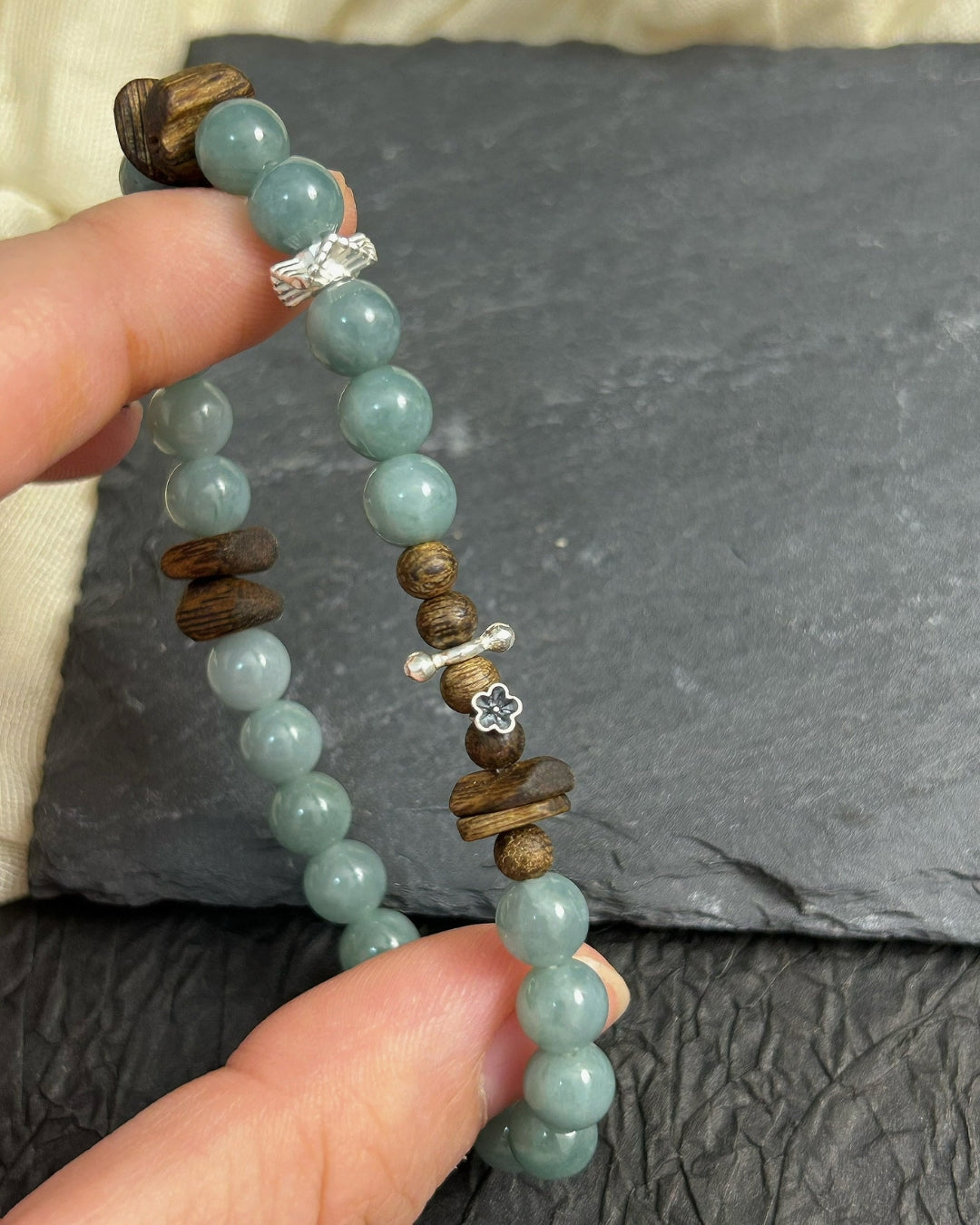 Water Lily — Blue‑Water Jadeite, Agarwood & Silver Bracelet