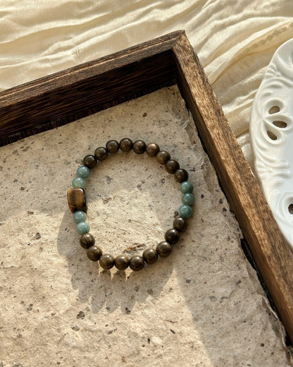 Blue‑Water Jadeite, Tiger Eye & Dark Wood Bracelet