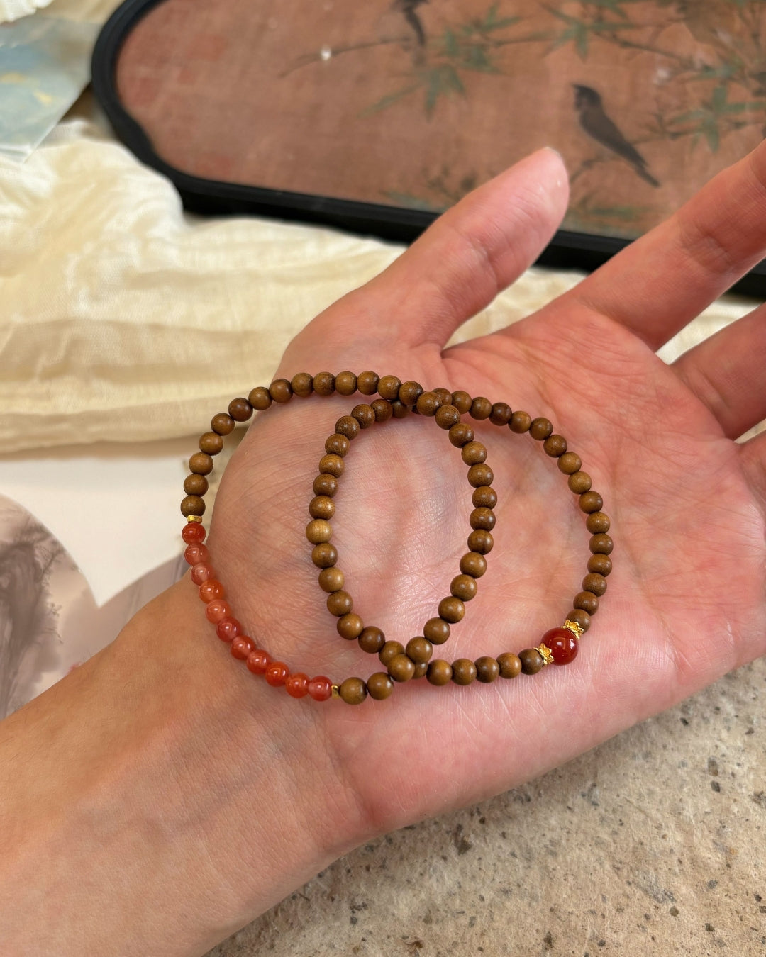 Autumn Embers — Laoshan Sandalwood & Nanhong Agate Bracelet