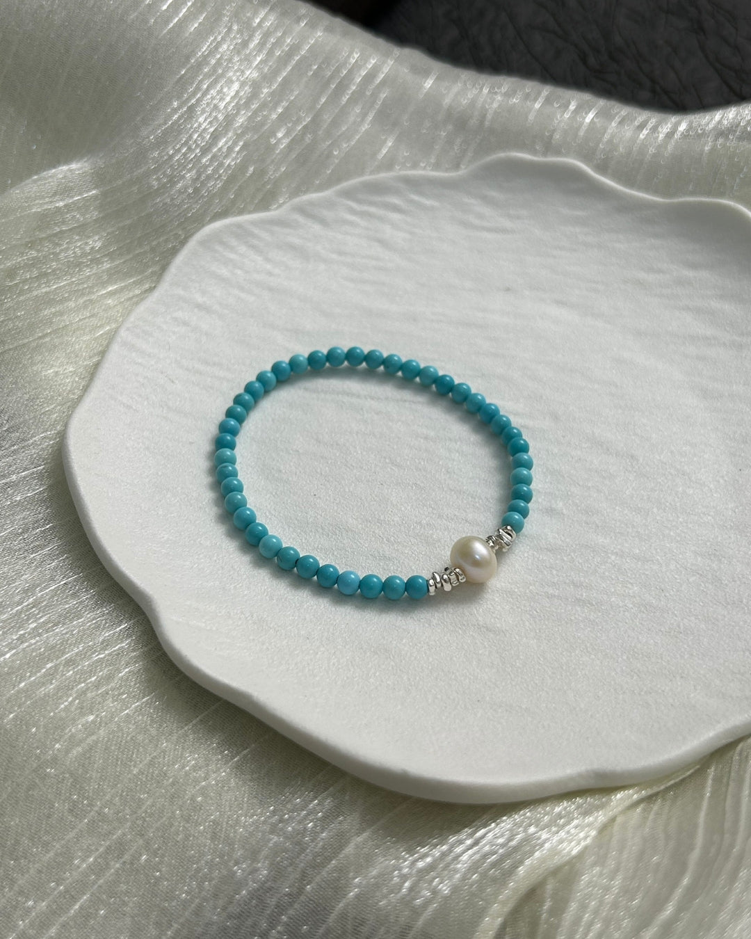 Blue Bridge Spring Snow — Turquoise, Freshwater Pearl & Sterling Silver Bracelet