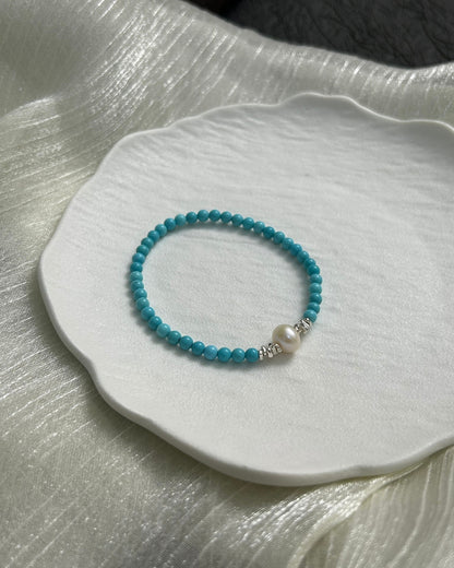 Blue Bridge Spring Snow — Turquoise, Freshwater Pearl & Sterling Silver Bracelet
