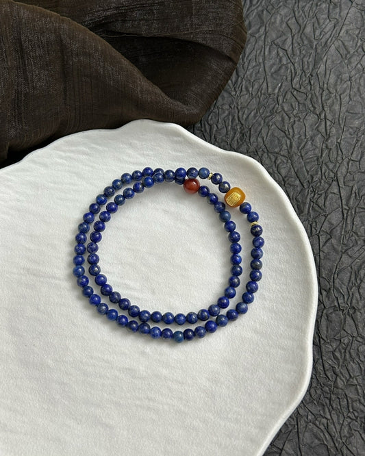 The Midnight Mantra Wrap — Lapis Lazuli, Beeswax Amber, South Red Agate & 925 Silver