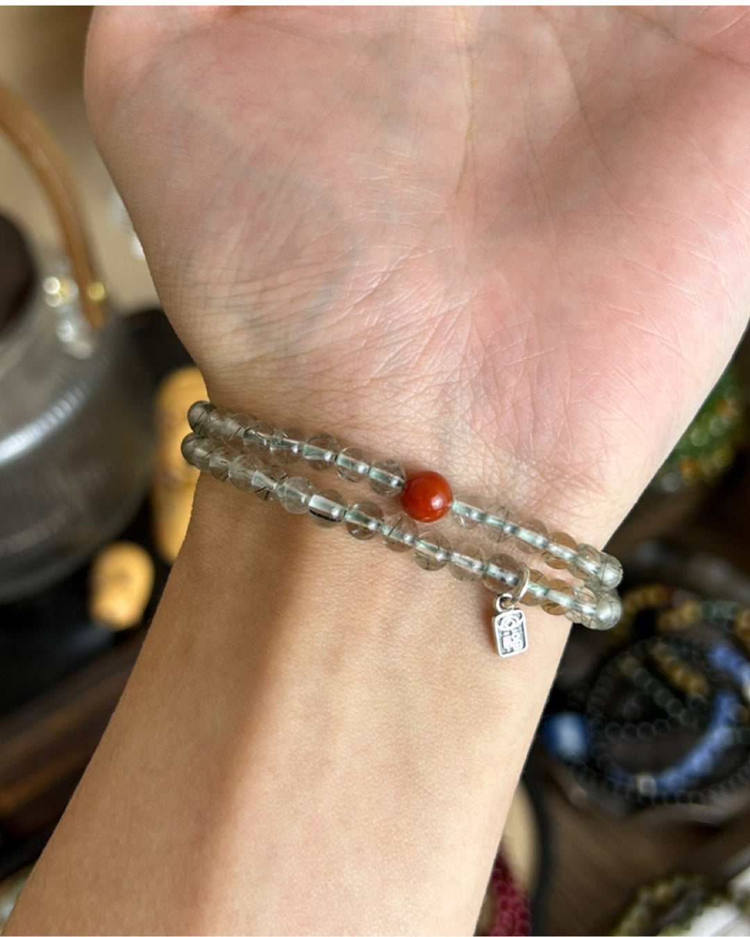 Mountain Retreat Bracelet — Green Hair Crystal, South Red & Sterling Silver