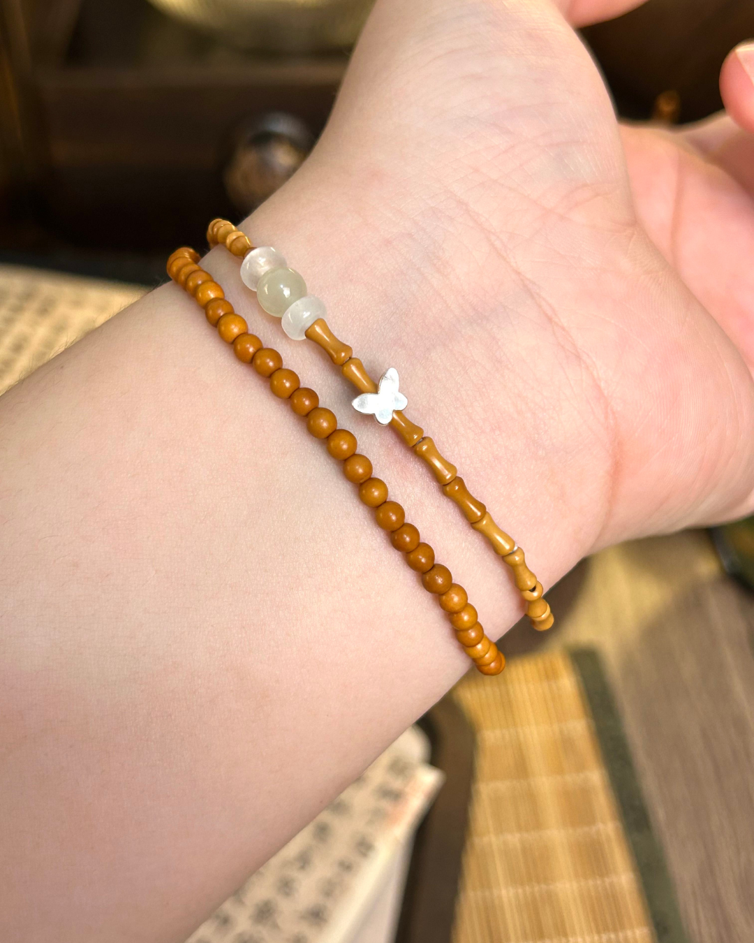 Butterfly Loves Flower Bracelet – Olive Bamboo Knots, Hetian Jade & Sterling Silver