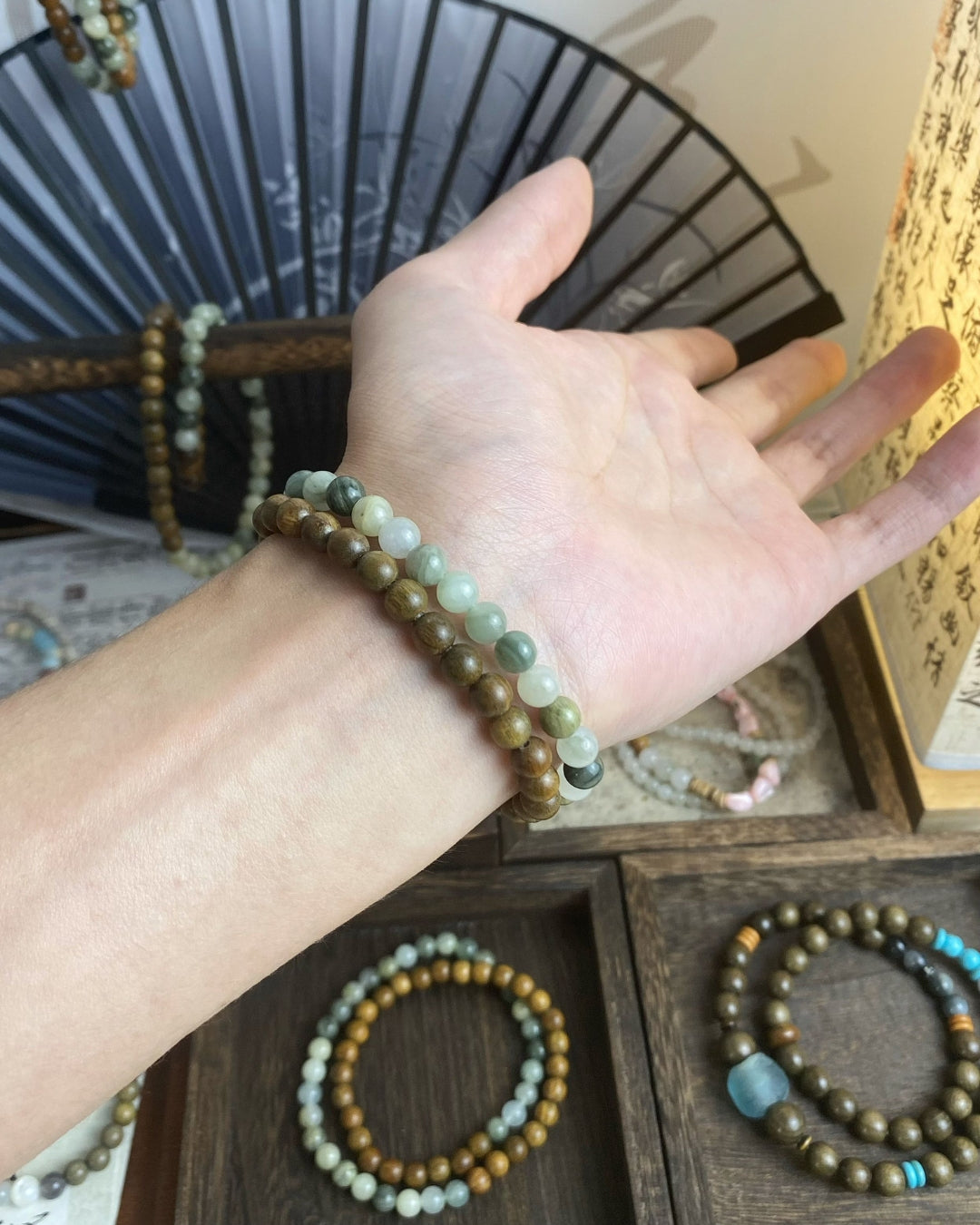 Double‑Ring Green Sandalwood & Natural Stone Bracelet | Unisex Stack