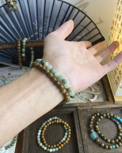 Double‑Ring Green Sandalwood & Natural Stone Bracelet | Unisex Stack