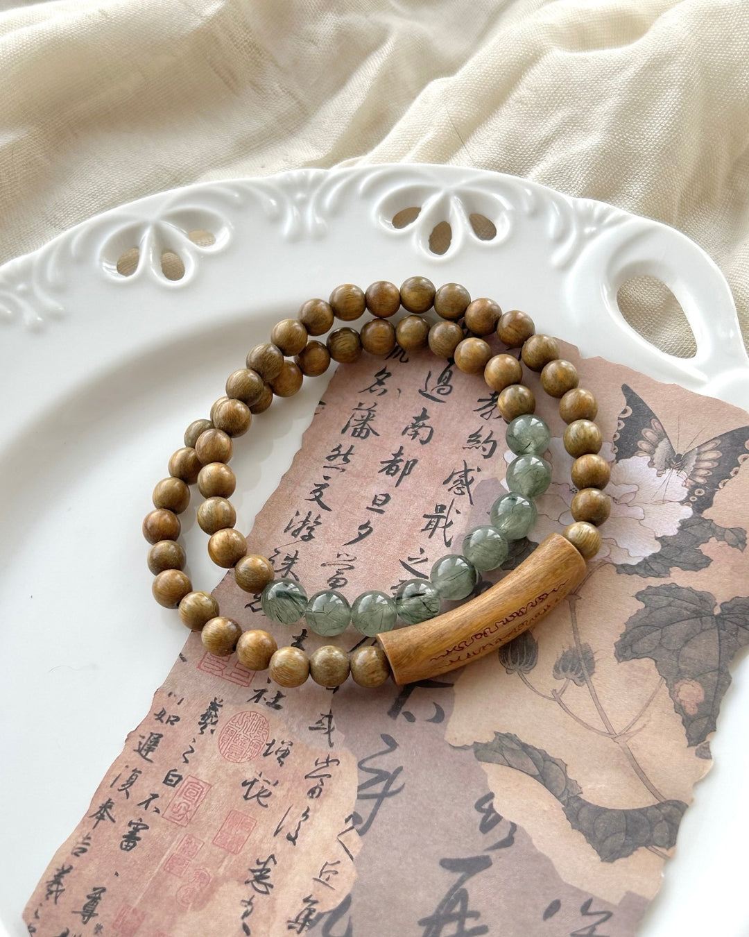 Green Sandalwood × Hotan Jade/Crystal Double Bracelet | Unisex Stack