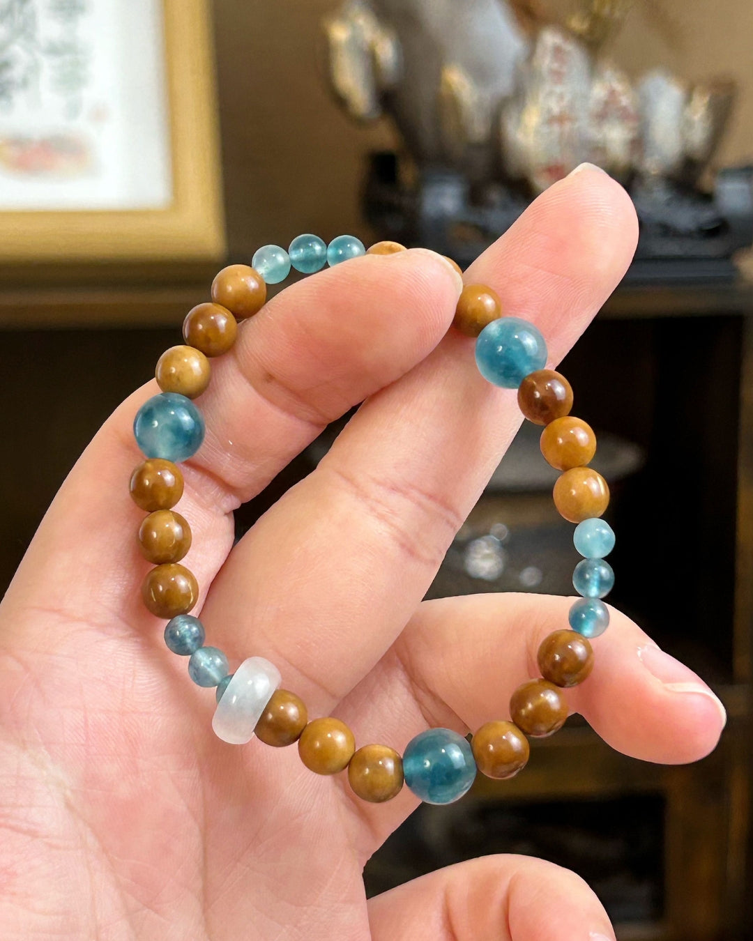 Kuka Wood & Blue Stone Beaded Bracelet | Minimal Unisex Stack