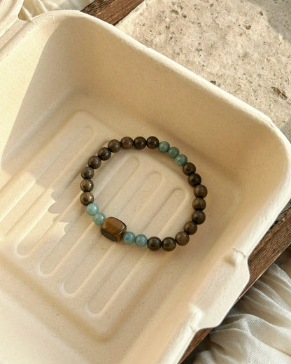 Blue‑Water Jadeite, Tiger Eye & Dark Wood Bracelet