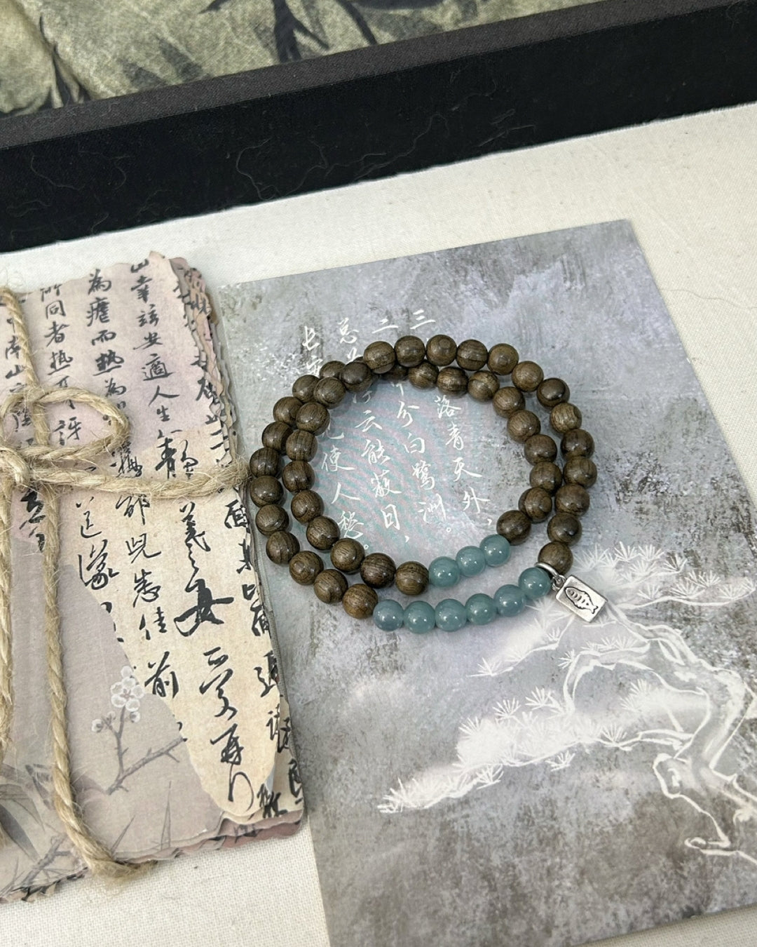 Double‑Ring Dark Wood, Blue‑Water Jadeite & Sterling Silver Bracelet