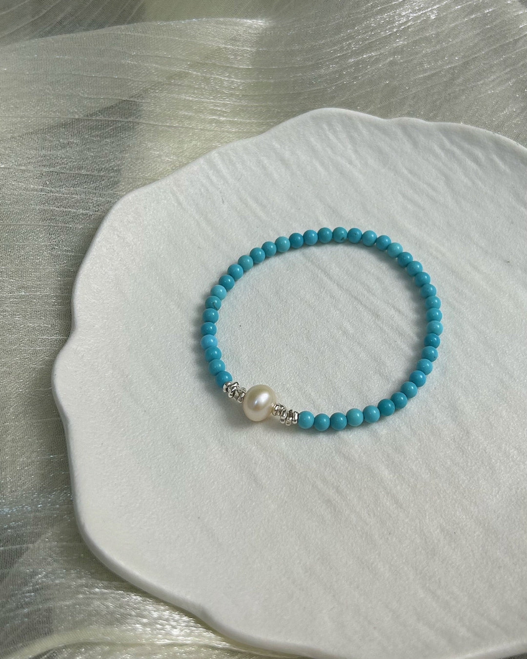 Blue Bridge Spring Snow — Turquoise, Freshwater Pearl & Sterling Silver Bracelet