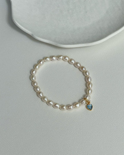 Aura Heart Pearl Bracelet — Freshwater Pearl, Aquamarine & 925 Silver