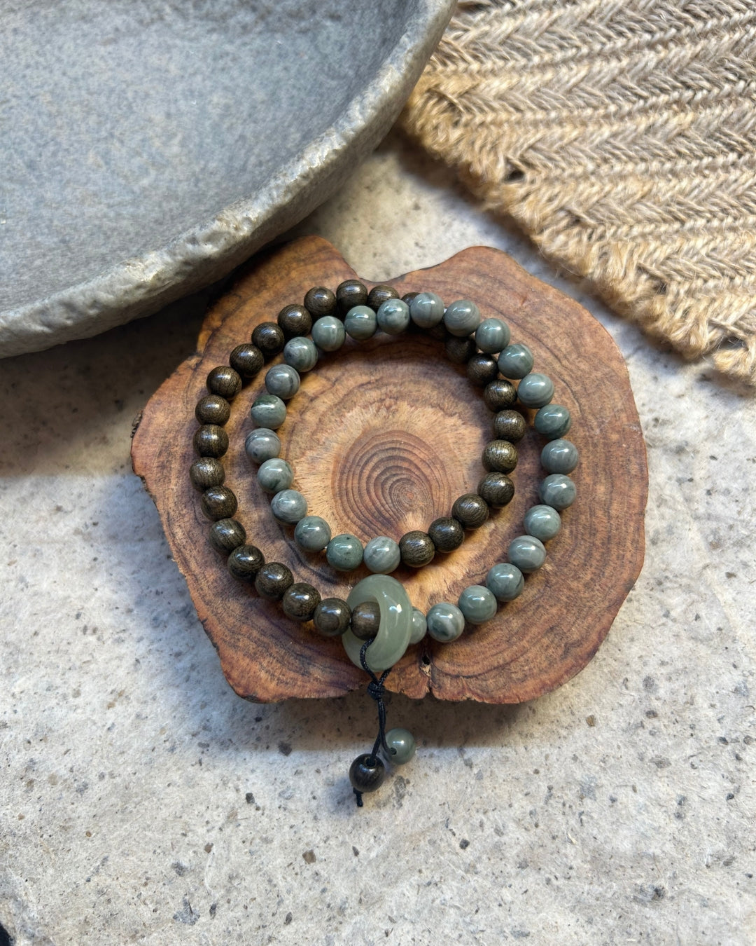 Dawn over the Green Hills Bracelet – Sandalwood, Mapstone & Hetian Jade