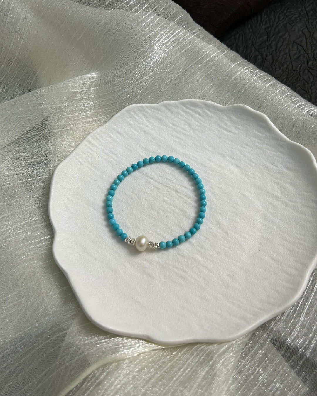 Blue Bridge Spring Snow — Turquoise, Freshwater Pearl & Sterling Silver Bracelet