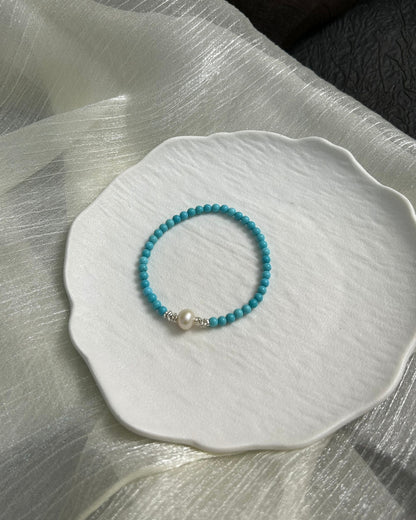 Blue Bridge Spring Snow — Turquoise, Freshwater Pearl & Sterling Silver Bracelet