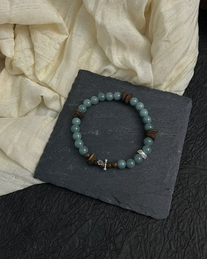Water Lily — Blue‑Water Jadeite, Agarwood & Silver Bracelet