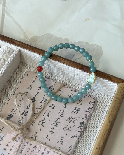 The Prosperity Hulu Bracelet — Blue Water Jadeite, South Red Agate & 925 Silver