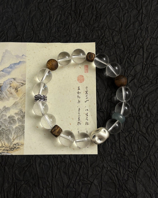 Return to the Quiet Mountain — 999 Silver, Sterling, Clear Quartz, Agarwood & Blue‑Water Jadeite Bracelet