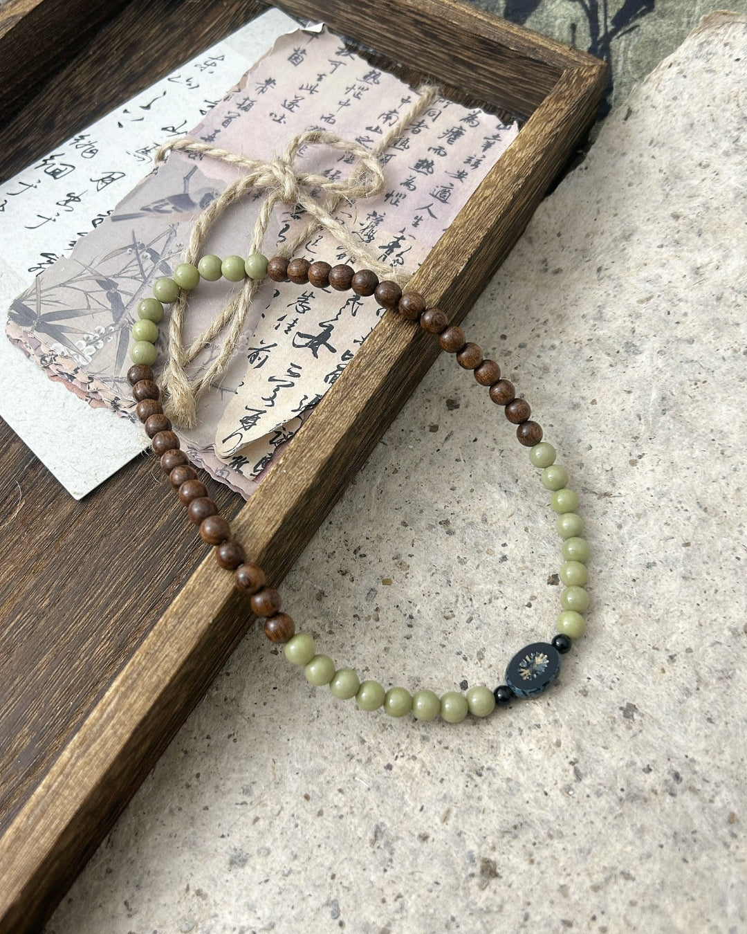 Alashan Stone & Rosewood Bracelet with Black Agate Accent