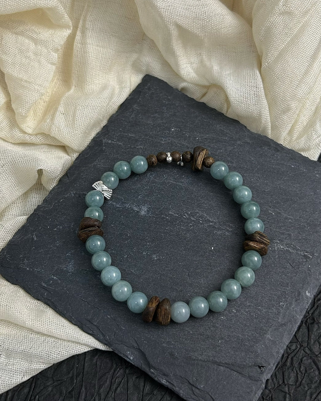 Water Lily — Blue‑Water Jadeite, Agarwood & Silver Bracelet