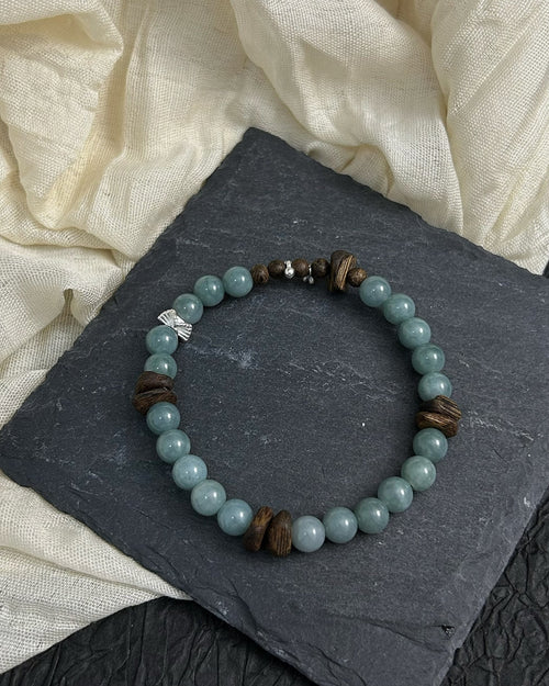 Water Lily — Blue‑Water Jadeite, Agarwood & Silver Bracelet