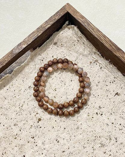 Double‑Ring Golden Thread Rosewood & Sunstone Bracelet | Unisex Stack