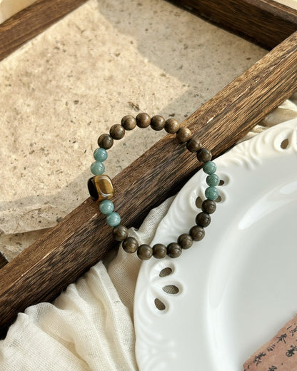 Blue‑Water Jadeite, Tiger Eye & Dark Wood Bracelet