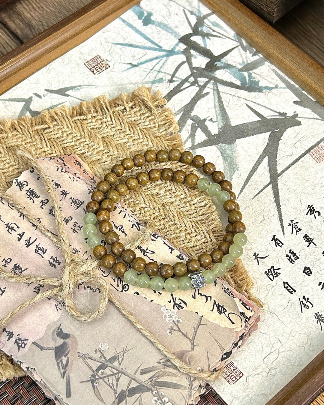 Hetian Jade & Green Sandalwood Bracelet with Sterling Silver