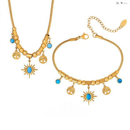 Sunburst Turquoise Charm Set — Gold‑Tone Necklace & Adjustable Bracelet with Tree‑of‑Life Accents