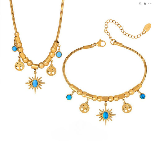 Sunburst Turquoise Charm Set — Gold‑Tone Necklace & Adjustable Bracelet with Tree‑of‑Life Accents