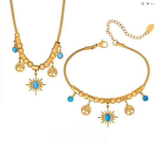 Sunburst Turquoise Charm Set — Gold‑Tone Necklace & Adjustable Bracelet with Tree‑of‑Life Accents