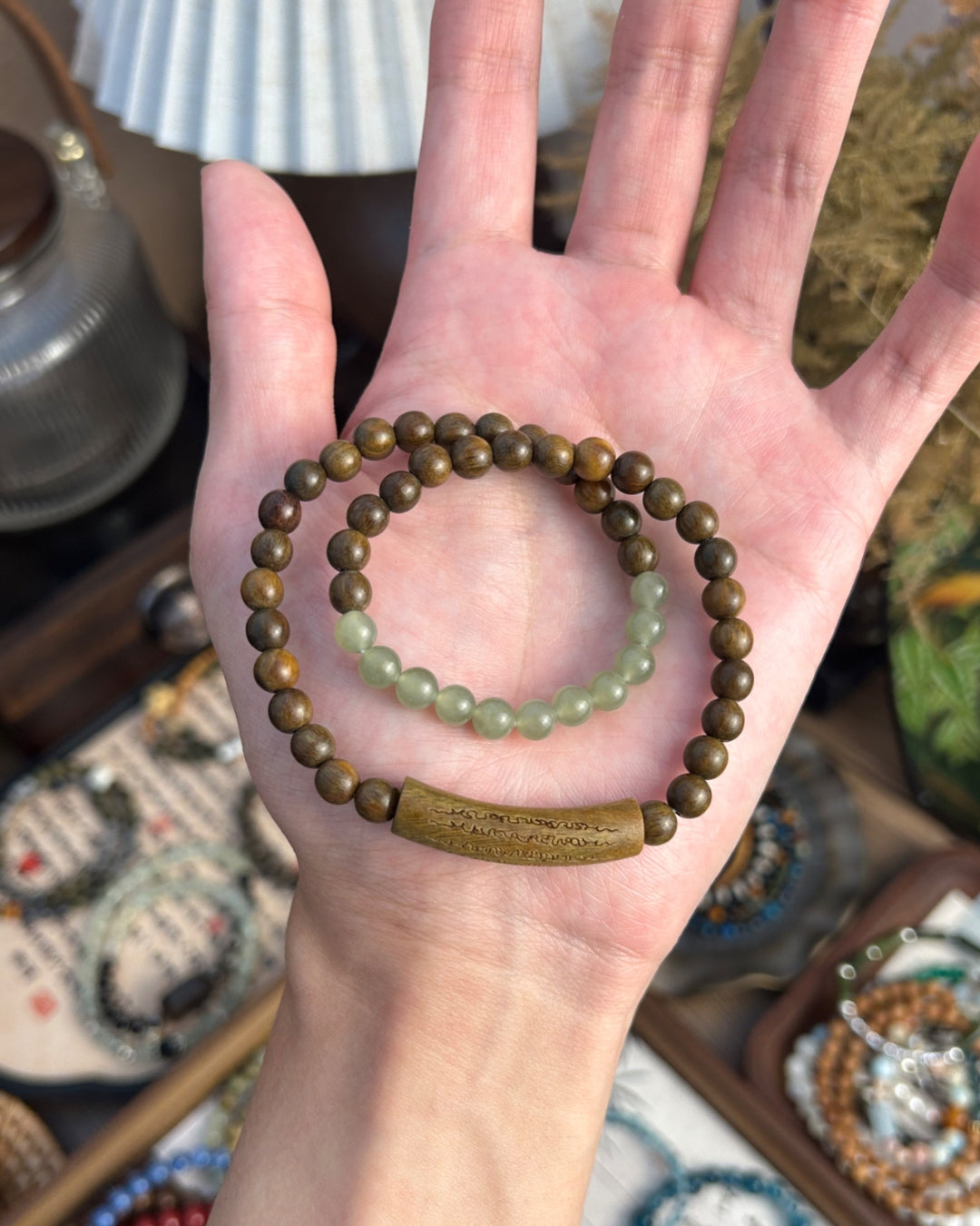 Green Sandalwood × Hotan Jade/Crystal Double Bracelet | Unisex Stack