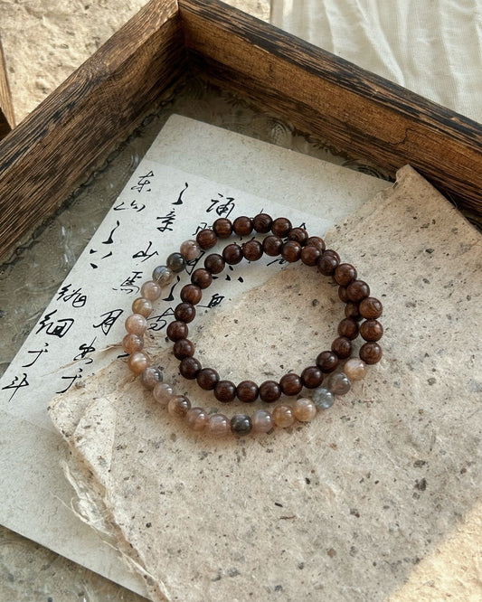 Double‑Ring Golden Thread Rosewood & Sunstone Bracelet | Unisex Stack