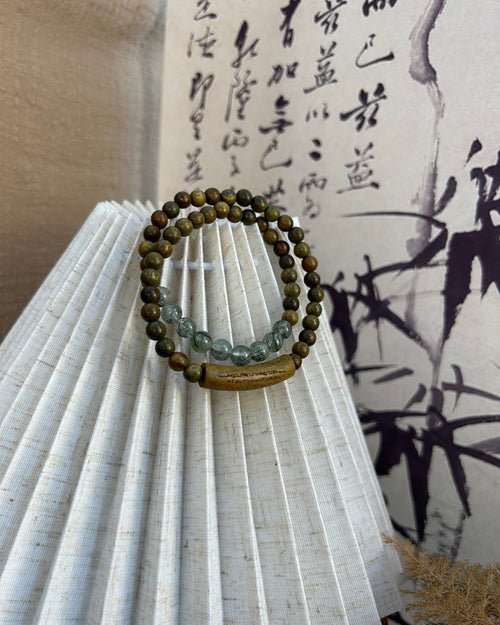 Green Sandalwood × Hotan Jade/Crystal Double Bracelet | Unisex Stack