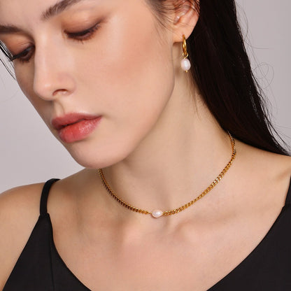 Dual-Charm Pearl & Stone Pendant Layering Set — 2 Gold-Tone Stainless Steel Necklaces + Freshwater Pearl Hoop Earrings