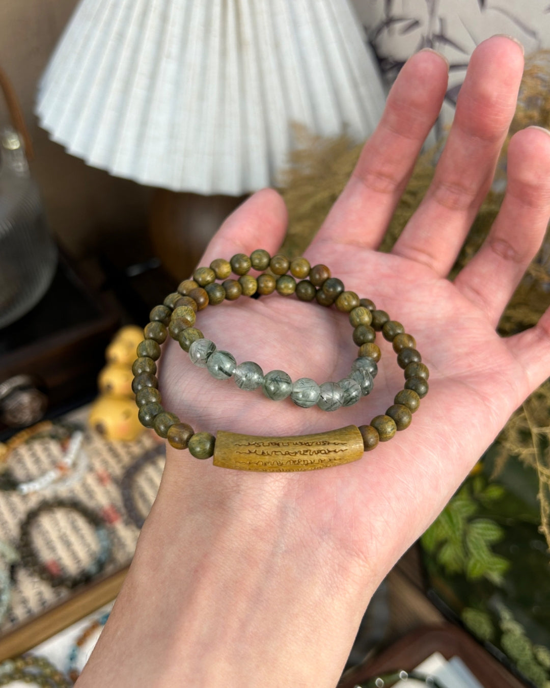Green Sandalwood × Hotan Jade/Crystal Double Bracelet | Unisex Stack