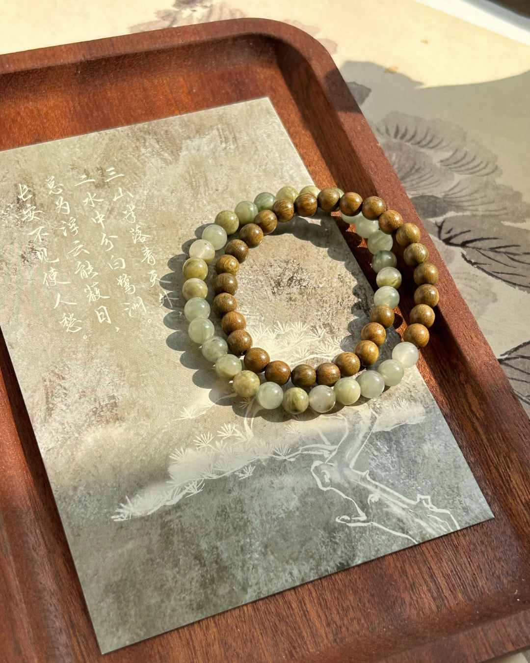 Double‑Ring Green Sandalwood & Natural Stone Bracelet | Unisex Stack