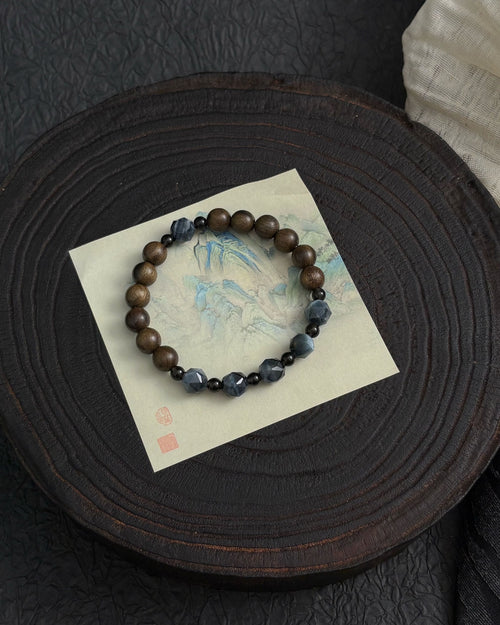 Twilight Bracelet – Blue Tiger’s Eye, Obsidian & Burl Wood