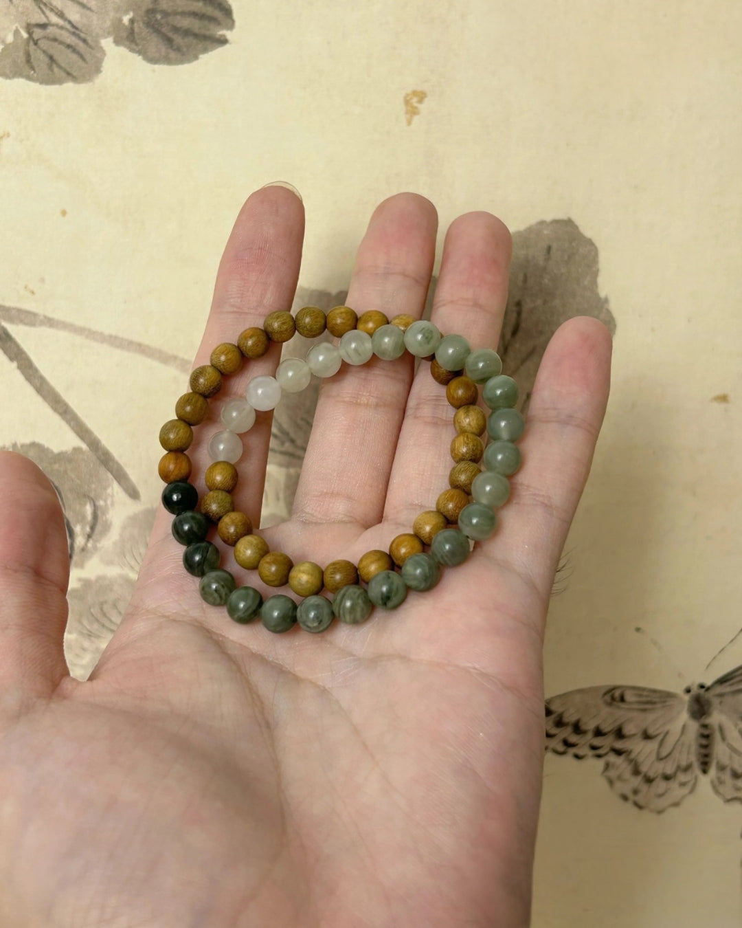 Double‑Ring Green Sandalwood & Natural Stone Bracelet | Unisex Stack