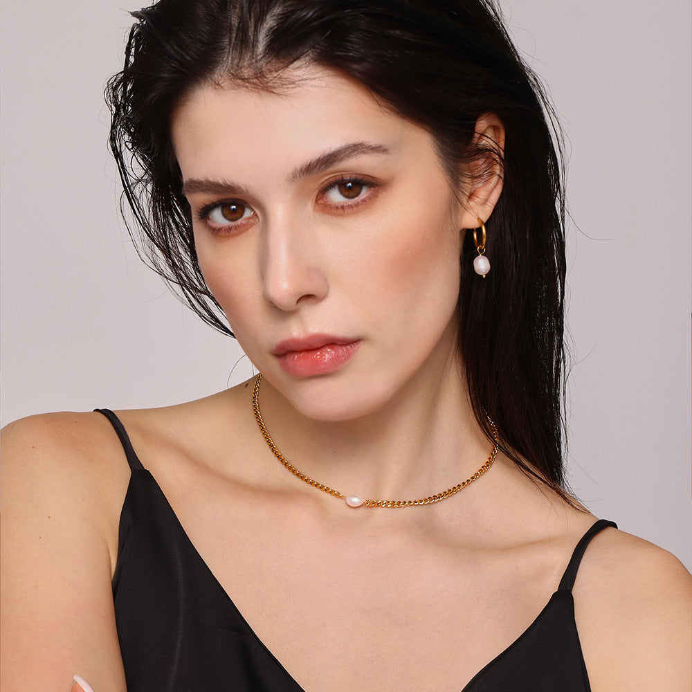 Dual-Charm Pearl & Stone Pendant Layering Set — 2 Gold-Tone Stainless Steel Necklaces + Freshwater Pearl Hoop Earrings