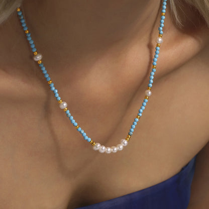 Azure Turquoise & Freshwater Pearl Beaded Set — French-Inspired Light Luxury Necklace and Adjustable Bracelet, Handmade